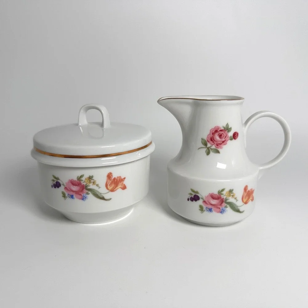 Vtg Henneberg Porzellan GDR Creamer & Sugar Bowl Floral Roses Gold Trim 1777
